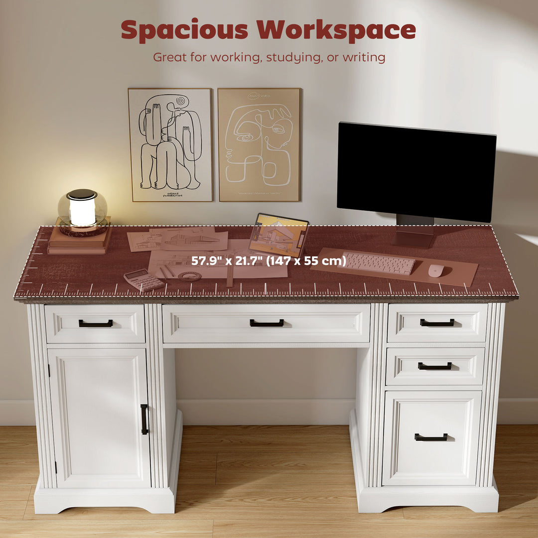HOMCOM 58" Home Office Desk with Soft-Close Drawers, Farmhouse Executive Desk with File Drawer for Letter Size, White