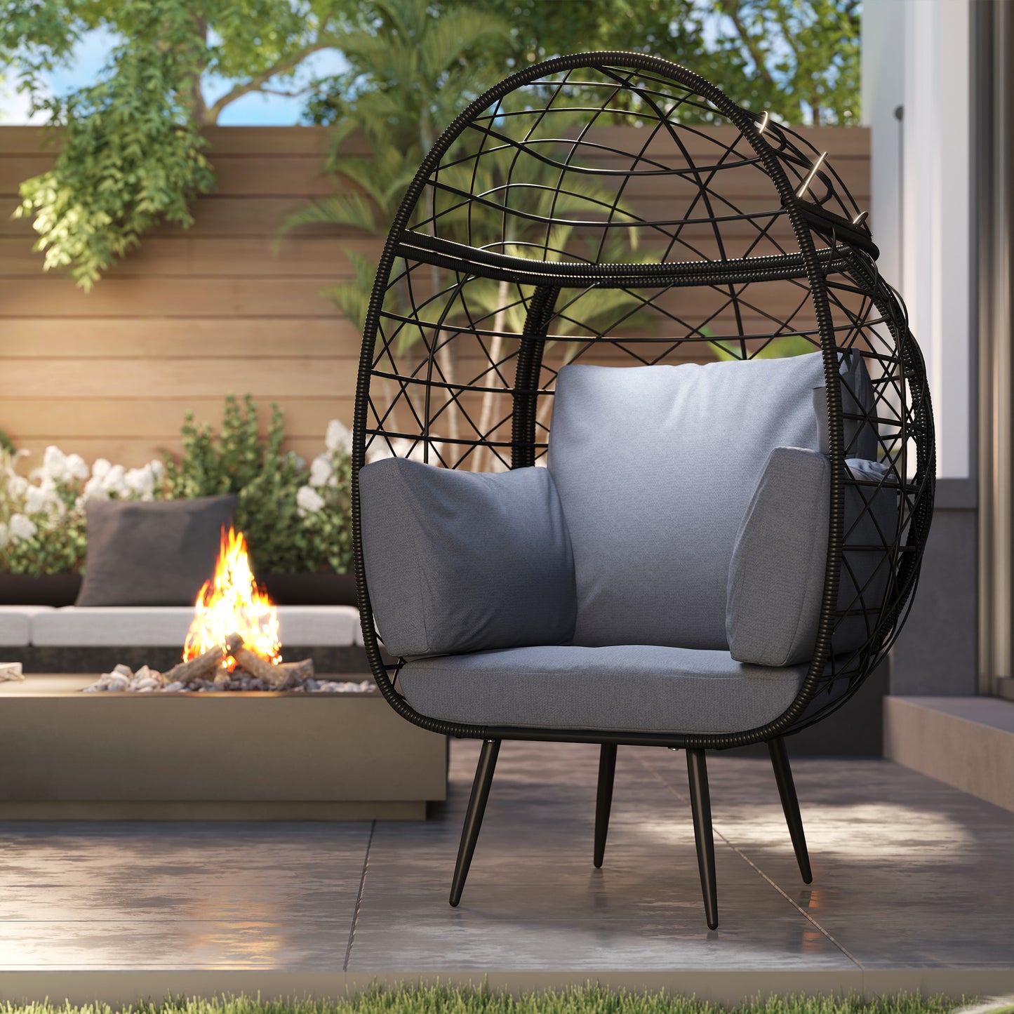 Outsunny Rattan Egg Chair, Indoor Outdoor Lounger with Cushions and Cup Holder for Backyard, Garden, Lawn, Living Room, Grey