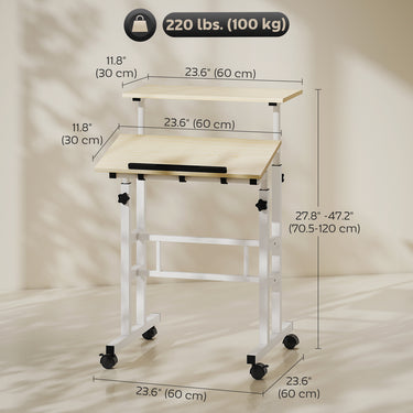 HOMCOM Stand Up Desk, Height & Angle Adjustable Computer Desk with Wheels for Standing or Sitting, Laptop Table, Natural