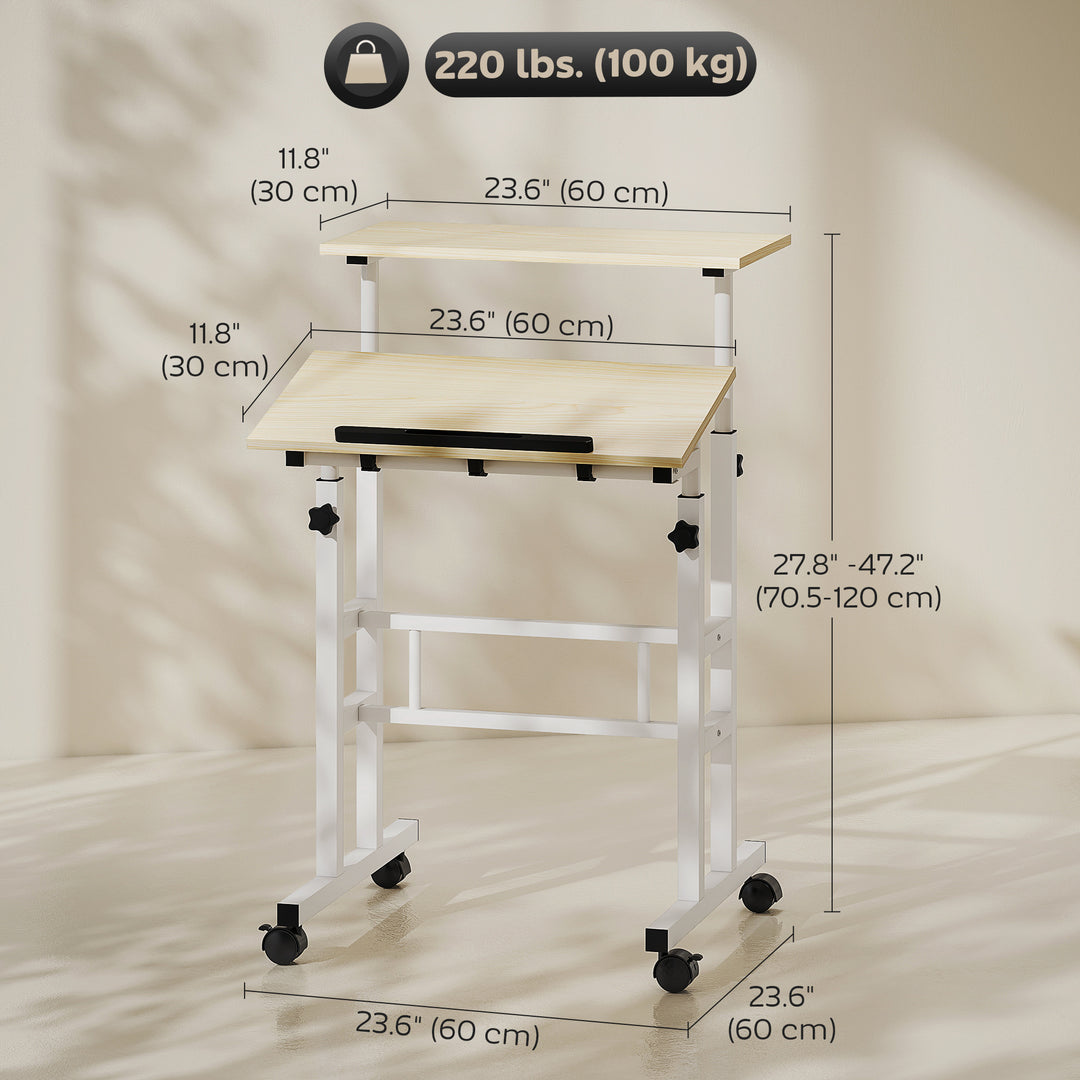 HOMCOM Stand Up Desk, Height & Angle Adjustable Computer Desk with Wheels for Standing or Sitting, Laptop Table, Natural