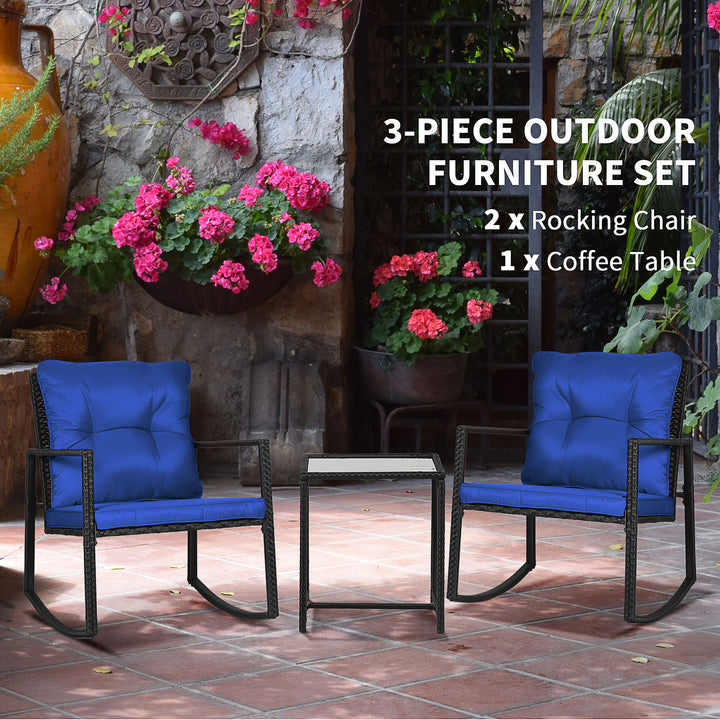 Outsunny 3 Pieces Rocking Bistro Set, Outdoor Wicker Patio Furniture with Glass Coffee Table and Outside Rocking Chairs for Porch, Conversation Sets with Thick Cushions, Blue