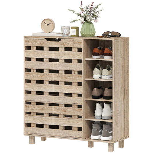 HOMCOM Shoe Cabinet, 21 Pair Shoe Storage Cabinet Organizer with 5-tier Double Door Cabinet and 5-tier Open Shelves, Beige