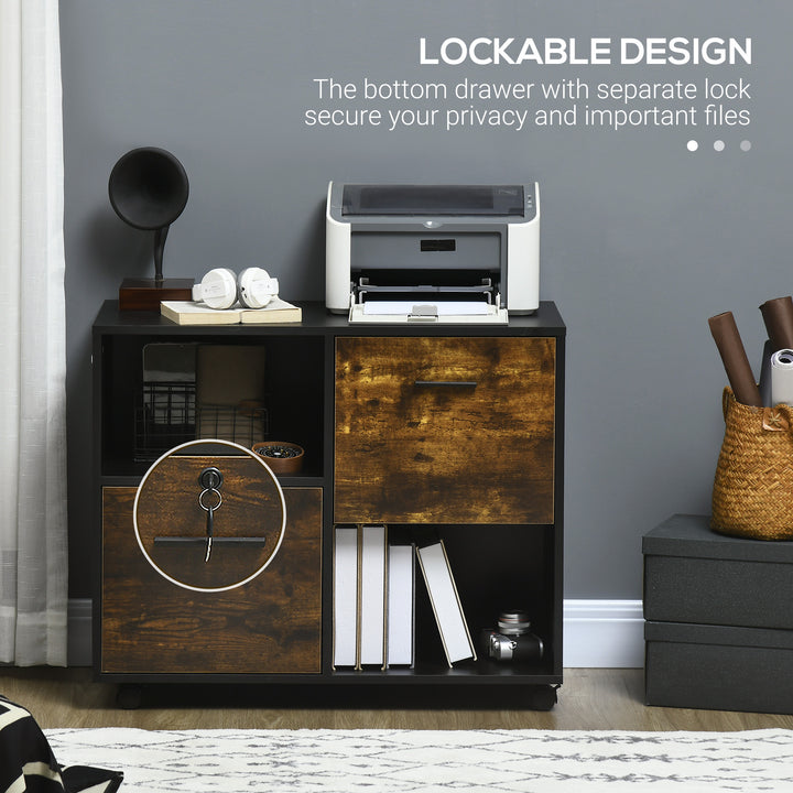 Vinsetto Lateral Filing Cabinet with Drawers and Lock, File Cabinet, Mobile Printer Stand with Open Shelves and Wheels for Letter and A4 Size Documents, White