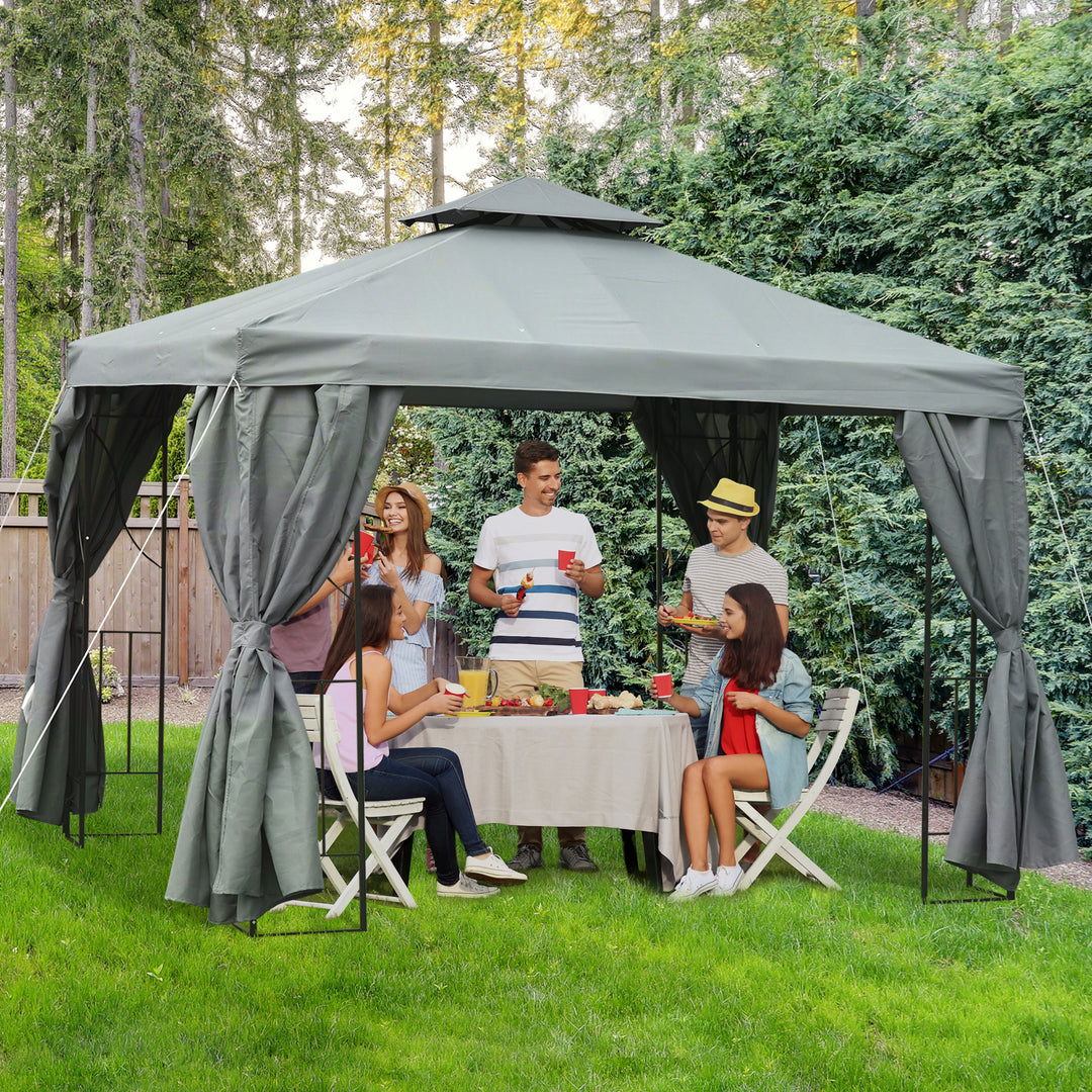 Outsunny 10' x 10' Patio Gazebo Outdoor, Canopy Shelter with Double-tier Roof, Pavilion Sidewalls for Garden Events, Cream White