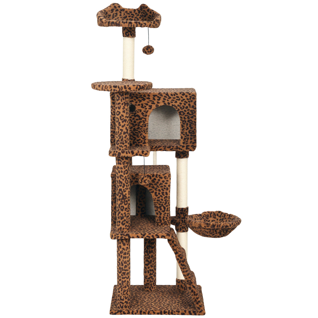 PawHut 63 Inch Cat Tree with Sisal Scratching Posts, Condos, Plush Perches, Hammock, Ladder, Dangling Balls, Pink