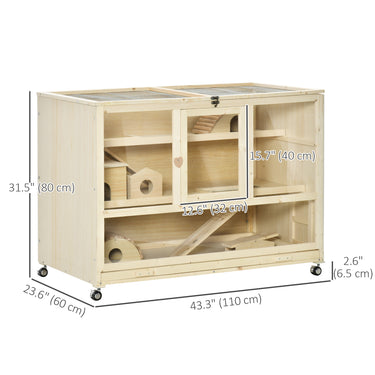 PawHut Wooden Hamster Cage, 3 Tier Rat Cage with Openable Roof, Run, Ladders, Run, Ladders, Wheels, Tray, Natural Wood