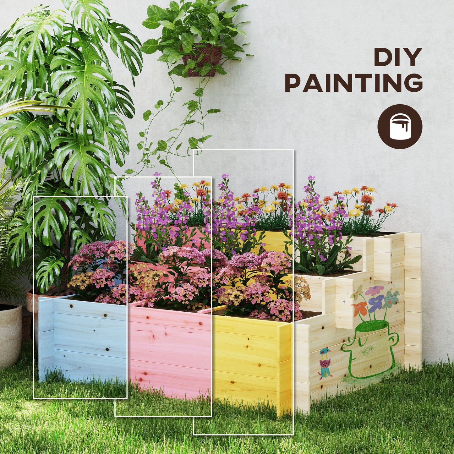 Outsunny 3 Tier Raised Garden Bed with 9 Grow Grids and Bed Liner for Garden, Outdoor to Vegetables, Flowers, Natural