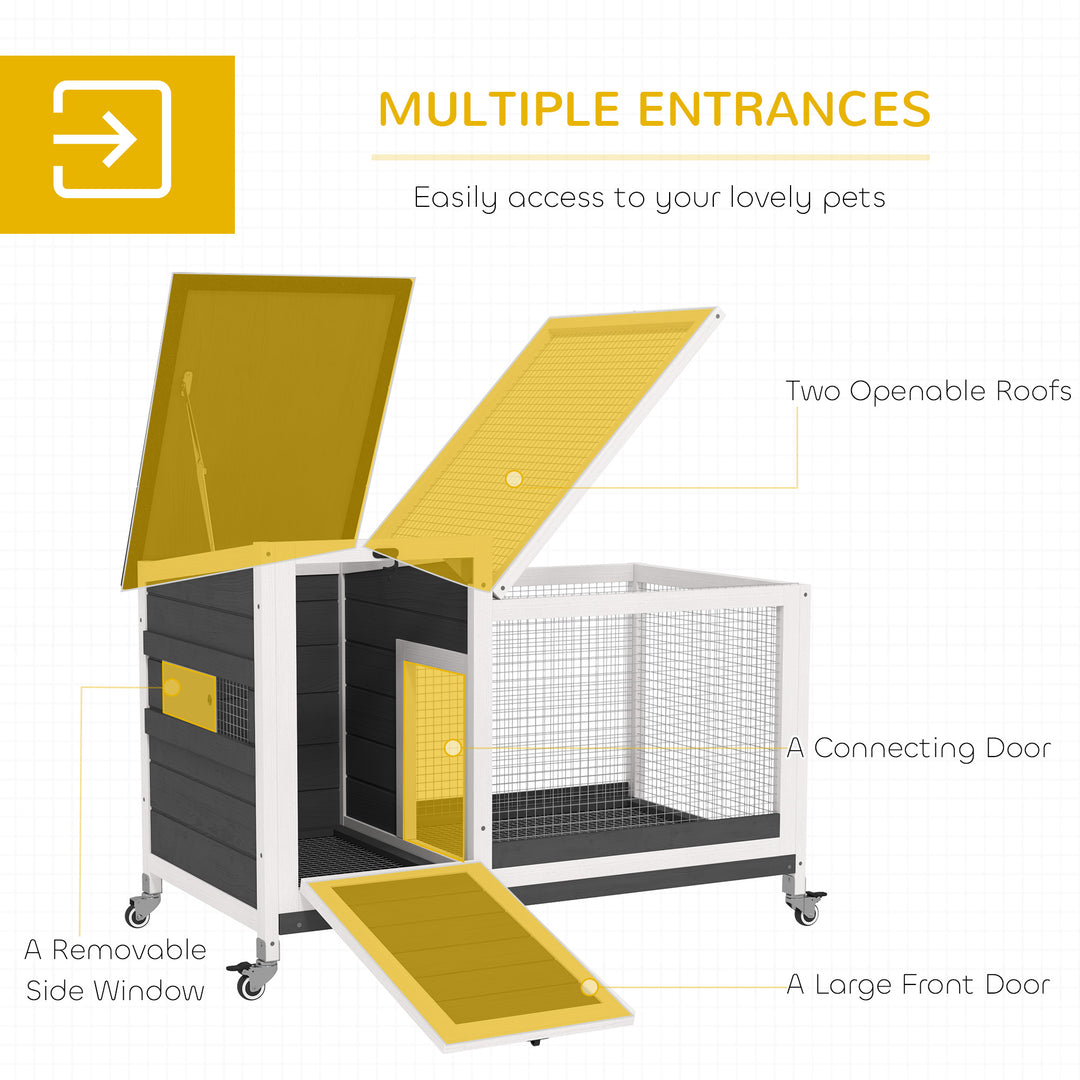PawHut Wooden Rabbit Hutch with Pull-Out Tray, Asphalt Openable Roof, Small Animal Cage on Wheels with Run, Grey