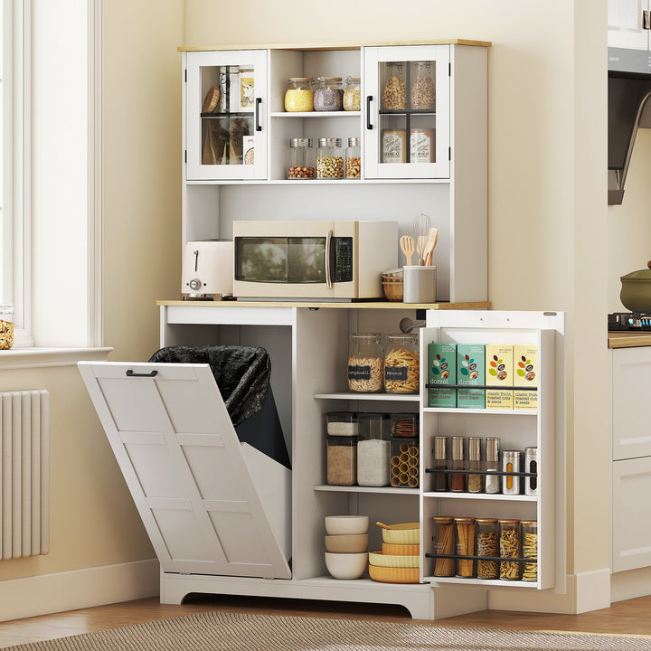 HOMCOM Kitchen Pantry Cabinet with Charging Station, 7 Gallon Trash Can Cabinet, Adjustable Shelves and Acrylic Doors, Black