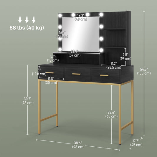 HOMCOM Illuminated Dressing Table, LED Vanity Table with Mirror, 3 Drawers and Storage Shelves for Bedroom, Black