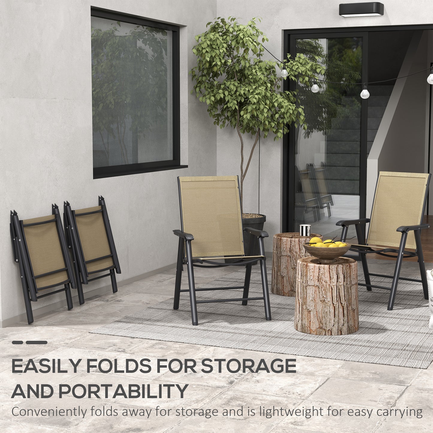 Outsunny 4-Piece Folding Chair Set for Relaxing on Patio Balcony Garden, Comfortable Outdoor Furniture with Armrests, Brown