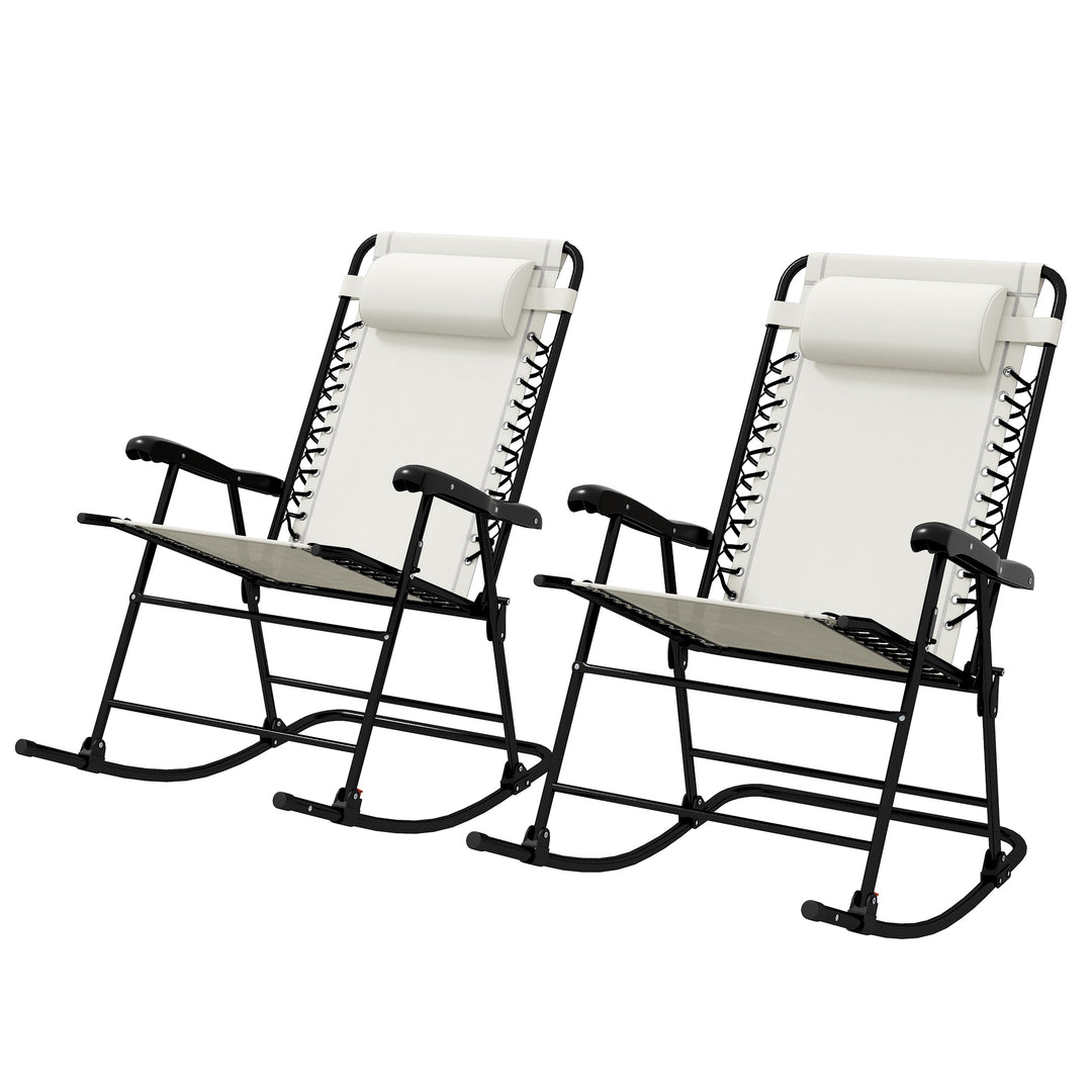 Outsunny 2pc Patio Foldable Rocking Chair Set w/ Breathable Mesh Seat & Backrest, Headrest for Park, Backyard, Garden, Cream