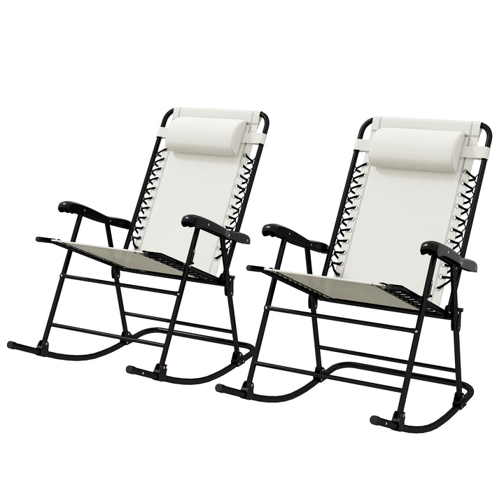 Outsunny 2pc Patio Foldable Rocking Chair Set w/ Breathable Mesh Seat & Backrest, Headrest for Park, Backyard, Garden, Cream
