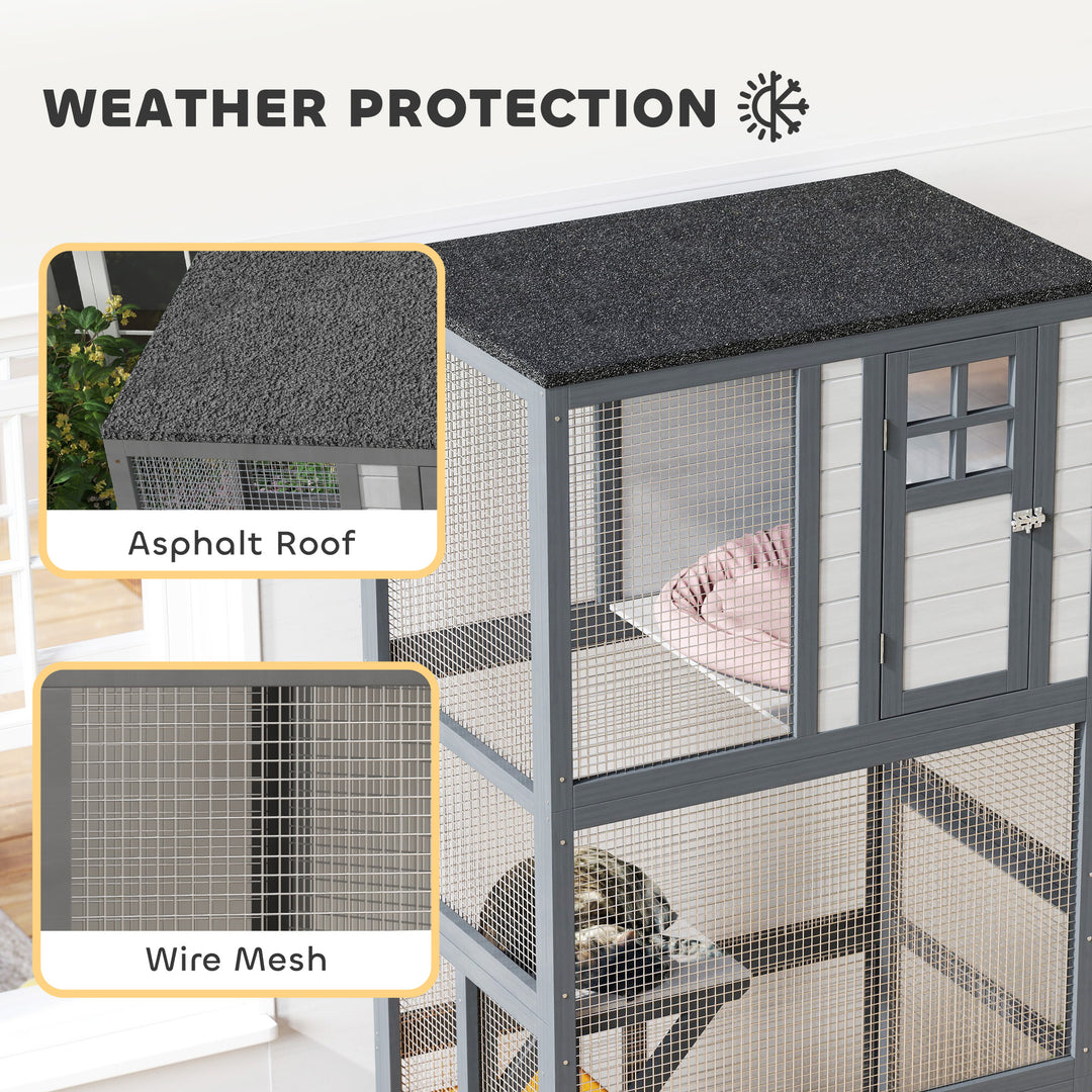 PawHut 74" Wooden Outdoor Cat House Weatherproof & Wheeled with High Weight Capacity, Kitten Cage Condo, Light Grey