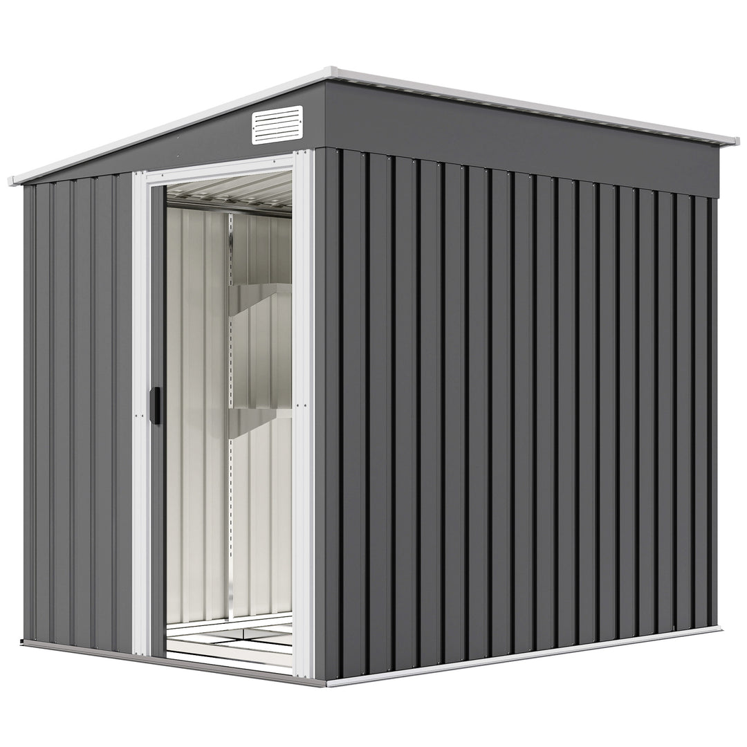 Outsunny 5x7 Garden Shed, Lean-to Metal Storage with Foundation, Sliding Door & 2 Vents for Garden Tools, White