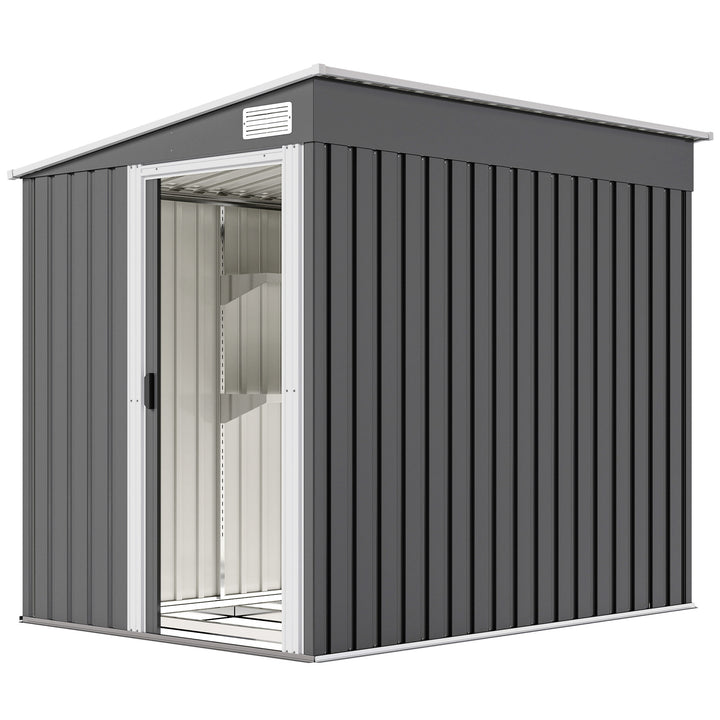 Outsunny 5x7 Garden Shed, Lean-to Metal Storage with Foundation, Sliding Door & 2 Vents for Garden Tools, White