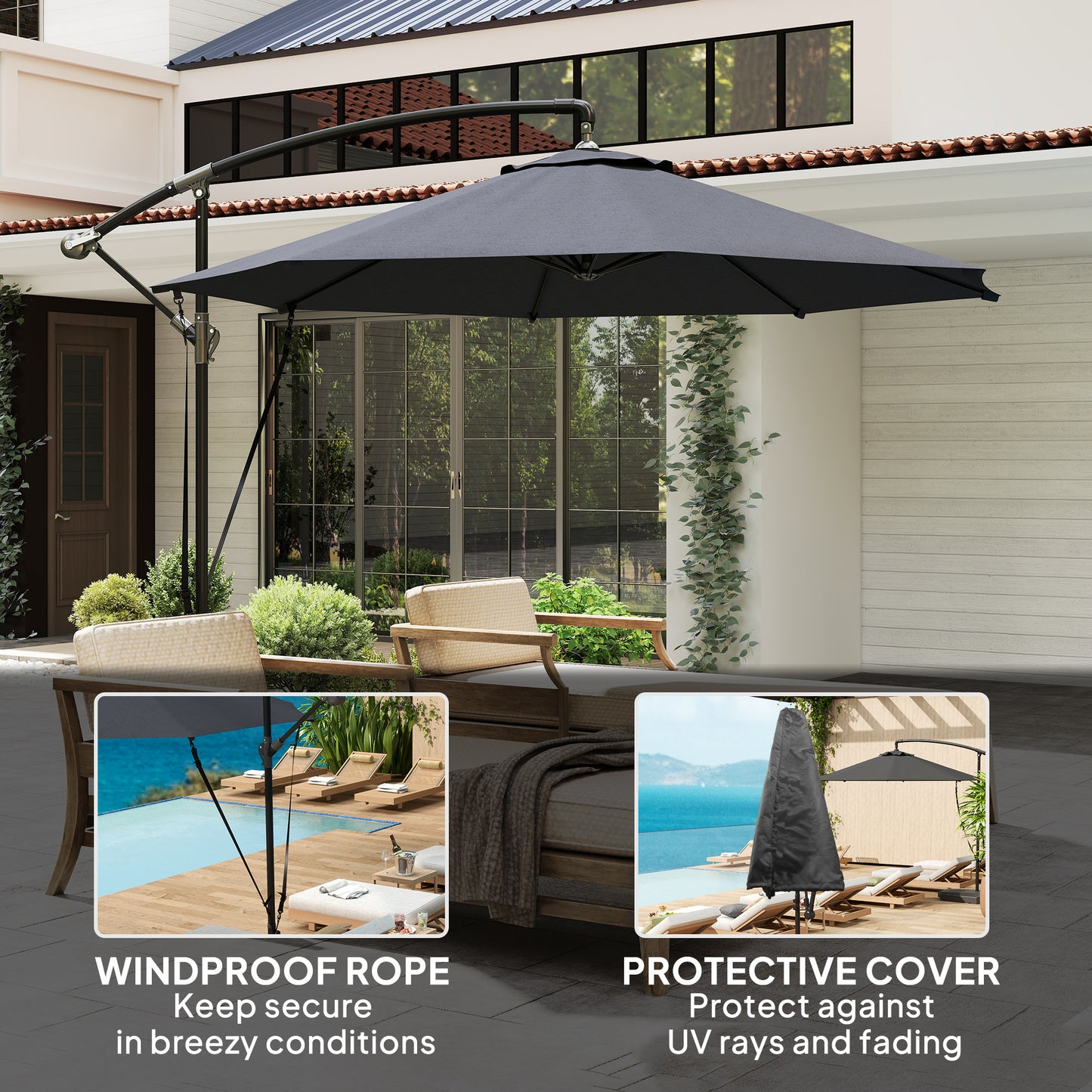 Outsunny 9.5' Cantilever Umbrella with Wind Protection Strap and Cover, Hanging Umbrella with Crank and Cross Base, UPF 50+, Grey