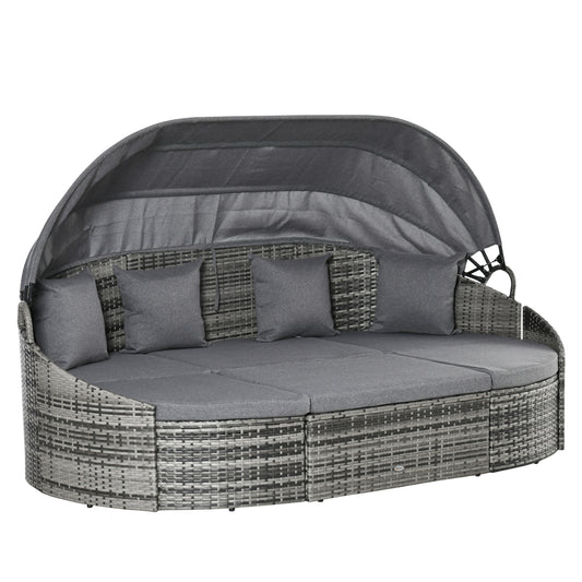 Outsunny 4 Pieces Patio PE Wicker Round Daybed, Outdoor Rattan Garden Lounge Furniture Sets, Grey