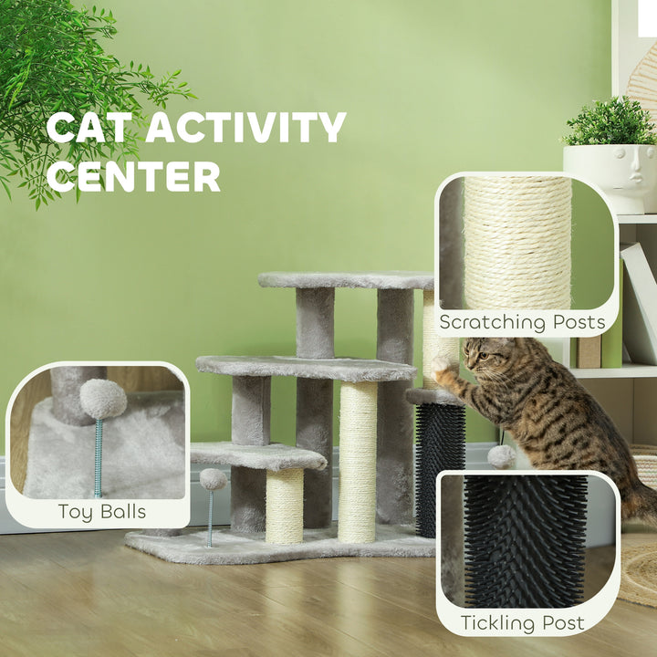 PawHut 2 in 1 Cat Tree 3 Steps Pet Stairs with Scratching Posts, Tickling Post, Toy Balls, for Bed, Couch, Sofa, Light Grey