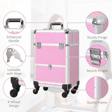 HOMCOM Portable Aluminum Makeup Train Cases, Rolling Makeup Case, Salon Beauty Cosmetic Jewelry Organizer Trolley with 4 Wheels, Pink