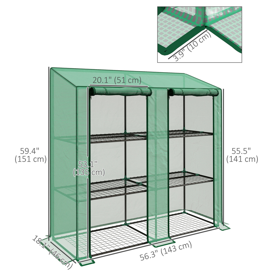 Outsunny Portable Mini Greenhouse Green House with 3 Tier Shelves, Reinforced PE Cover, Roll-up Doors, 56.3" x 18.1" x 59.4"