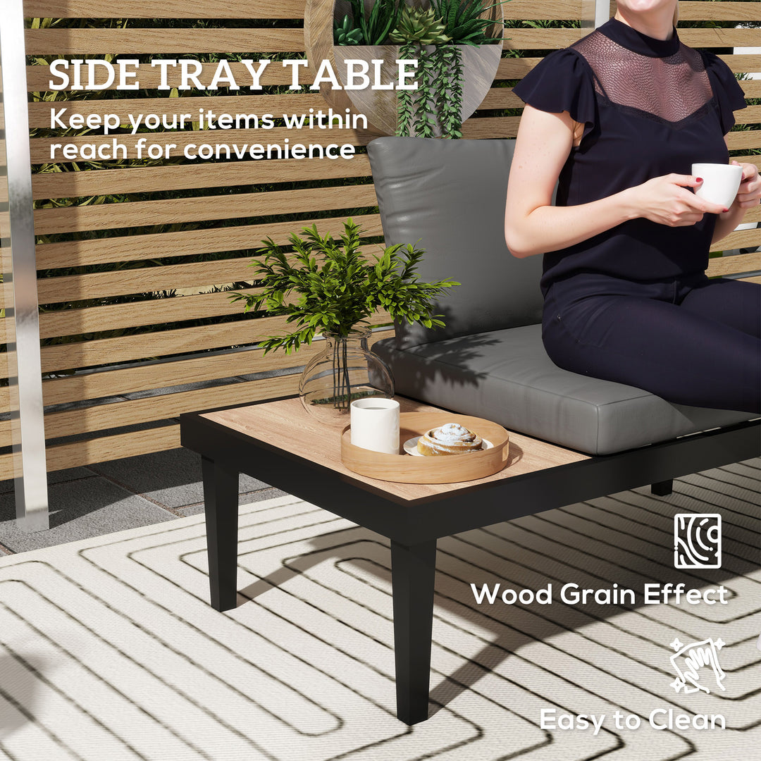 Outsunny 2 Seater Patio Sofa, Outdoor Sofa Couch with Wood Grain Side Tray and Cushions for Balcony, Backyard, Grey