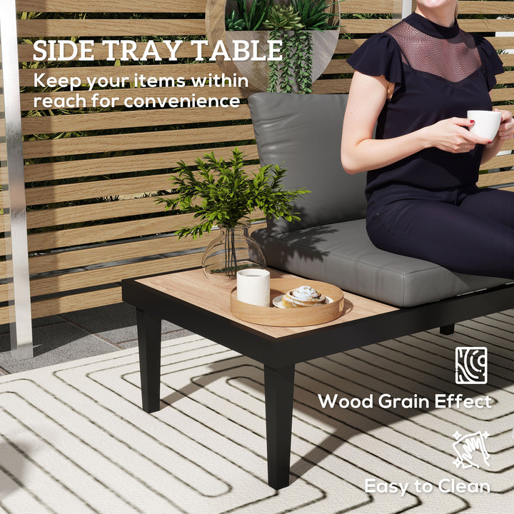 Outsunny 2 Seater Patio Sofa, Outdoor Sofa Couch with Wood Grain Side Tray and Cushions for Balcony, Backyard, Grey