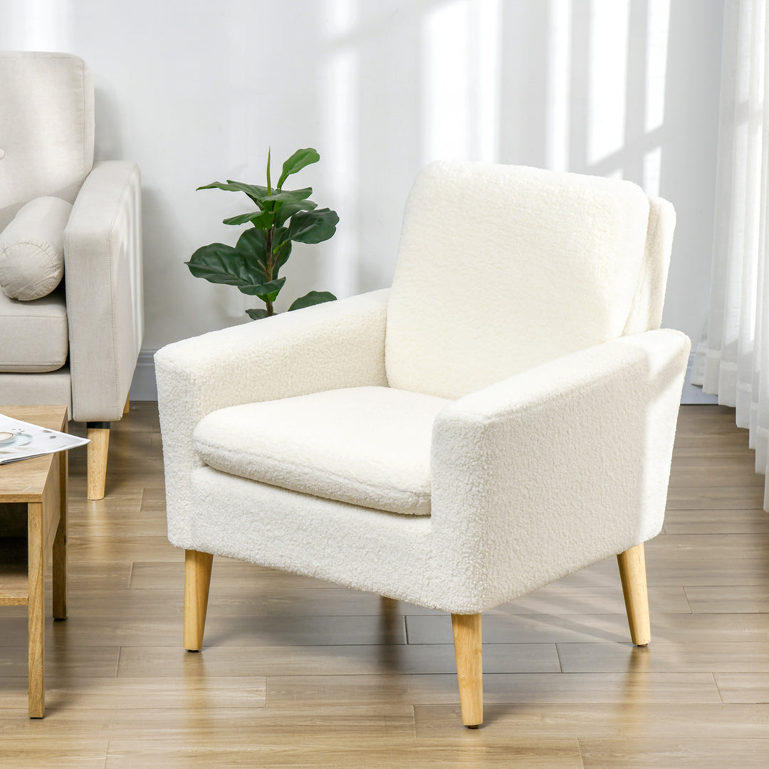 HOMCOM Fabric Accent Chair, Modern Upholstered Armchair with Wood Legs and Wide Padded Seat, Cream White