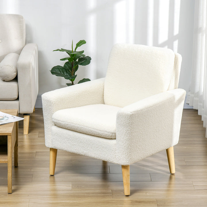 HOMCOM Fabric Accent Chair, Modern Upholstered Armchair with Wood Legs and Wide Padded Seat, Cream White
