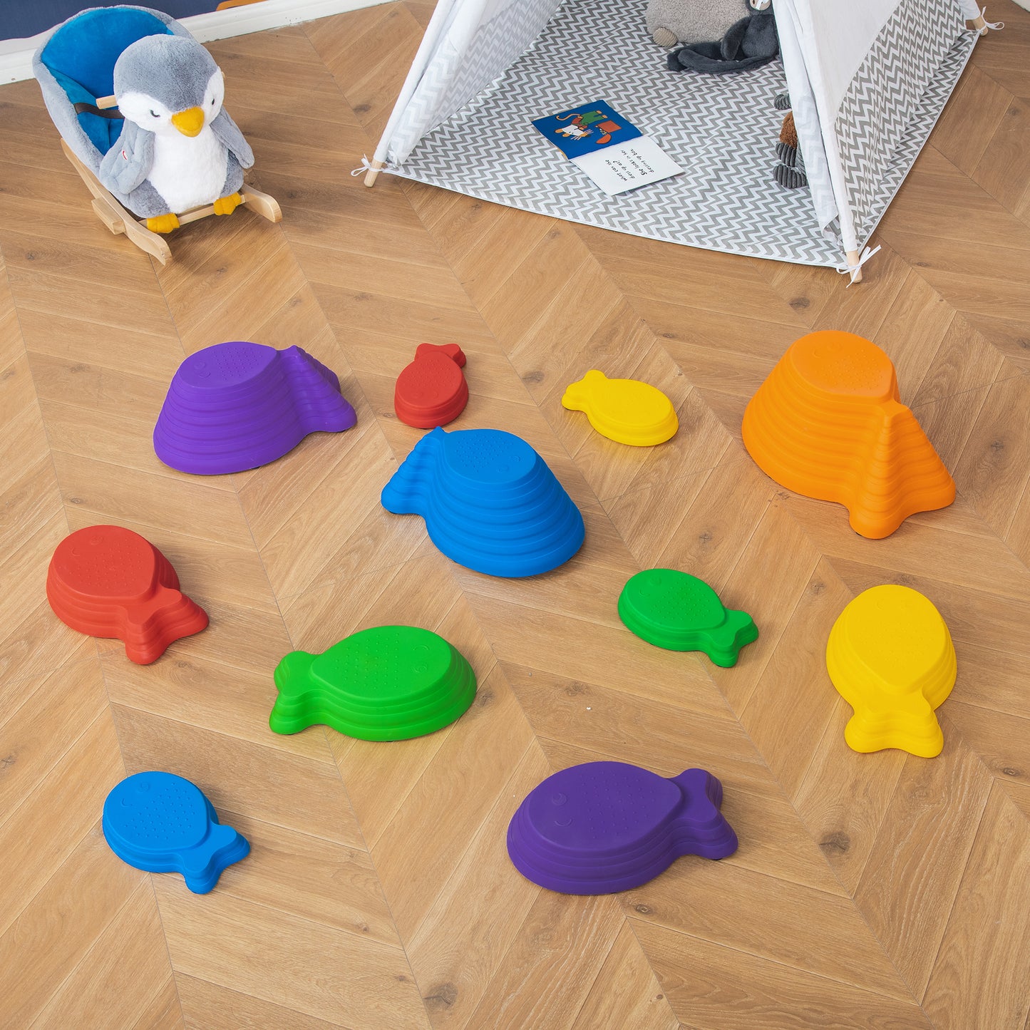 Outsunny 11pcs Balance Stepping Stones for Kids, Fish Style Non-slip Obstacle Course, Larger Size Stackable Balance Blocks Indoor Outdoor