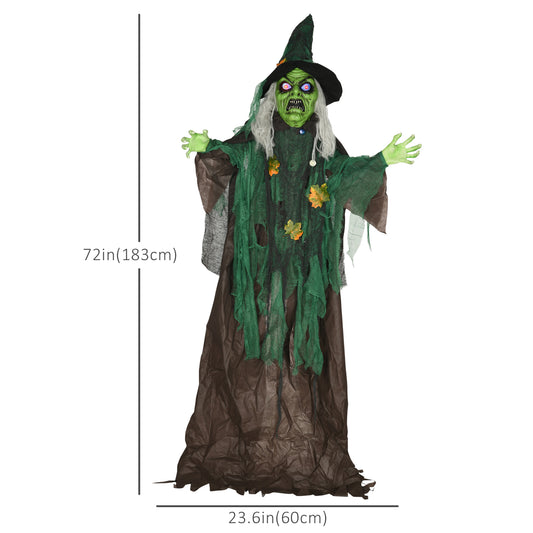 HOMCOM 72 Inch/6ft Life Size Outdoor Halloween Decoration Witch, Animated Prop Decor with Sound and Motion Activated, Light Up Eyes, Creepy Sound
