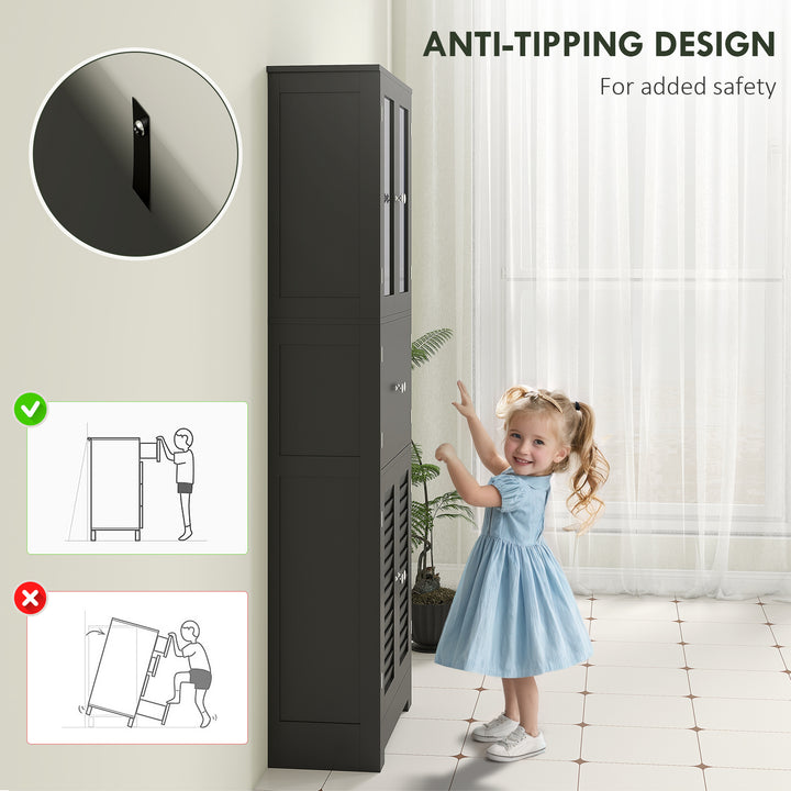 HOMCOM Freestanding Bathroom Cabinet with Glass/Louvred Doors, Tall Bathroom Cabinet for Kitchen, Study, Living Room, Black