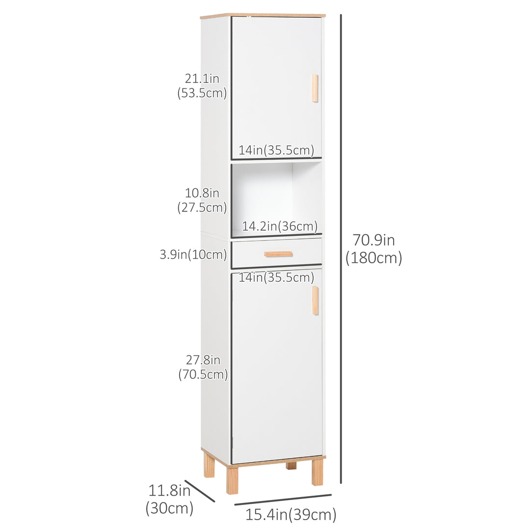 kleankin Bathroom Storage Cabinet with Cupboards and Drawer, Floor Free Standing Linen Tower, Tall Slim Side Organizer Shelves, White
