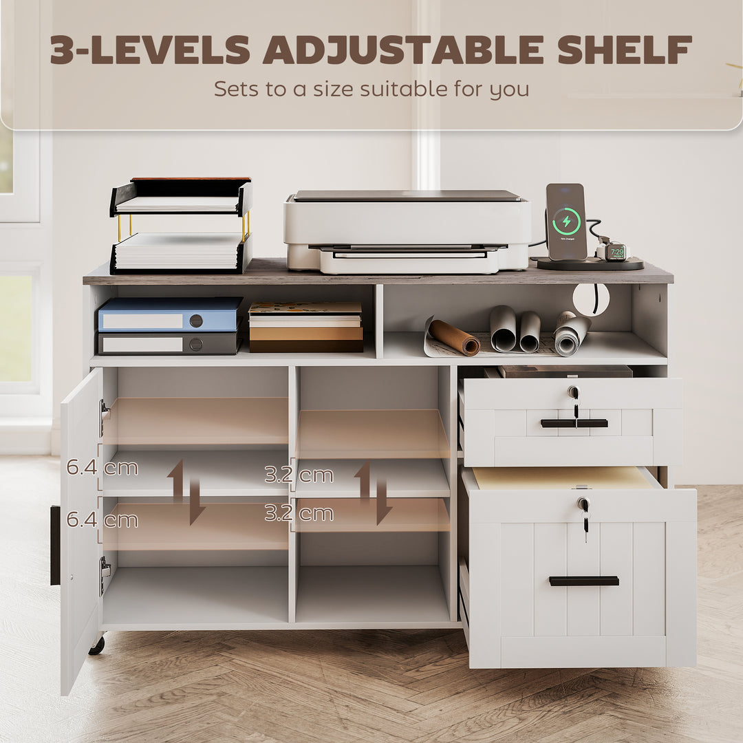 HOMCOM Mobile Printer Stand with Charging Station and USB Ports, Locking Filing Cabinet for A4 and Letter Size, White