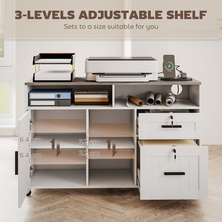 HOMCOM Mobile Printer Stand with Charging Station and USB Ports, Locking Filing Cabinet for A4 and Letter Size, White