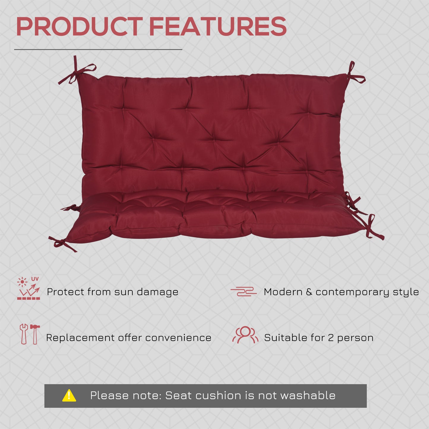 Outsunny Porch Swing Cushion Garden Bench Cushion with Backrest, Non-Slip 2-Seater Thick Pad, Swing Chair Mat Replacement for Indoor and Outdoor, 39.4" x 38.6", Wine Red