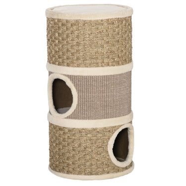 PawHut Cat Condo 3 Story Three Holes with Sisal Seaweed Scratching Cover Surface, Cat Tower for Indoor Cats, 15" x 28", Khaki and Brown