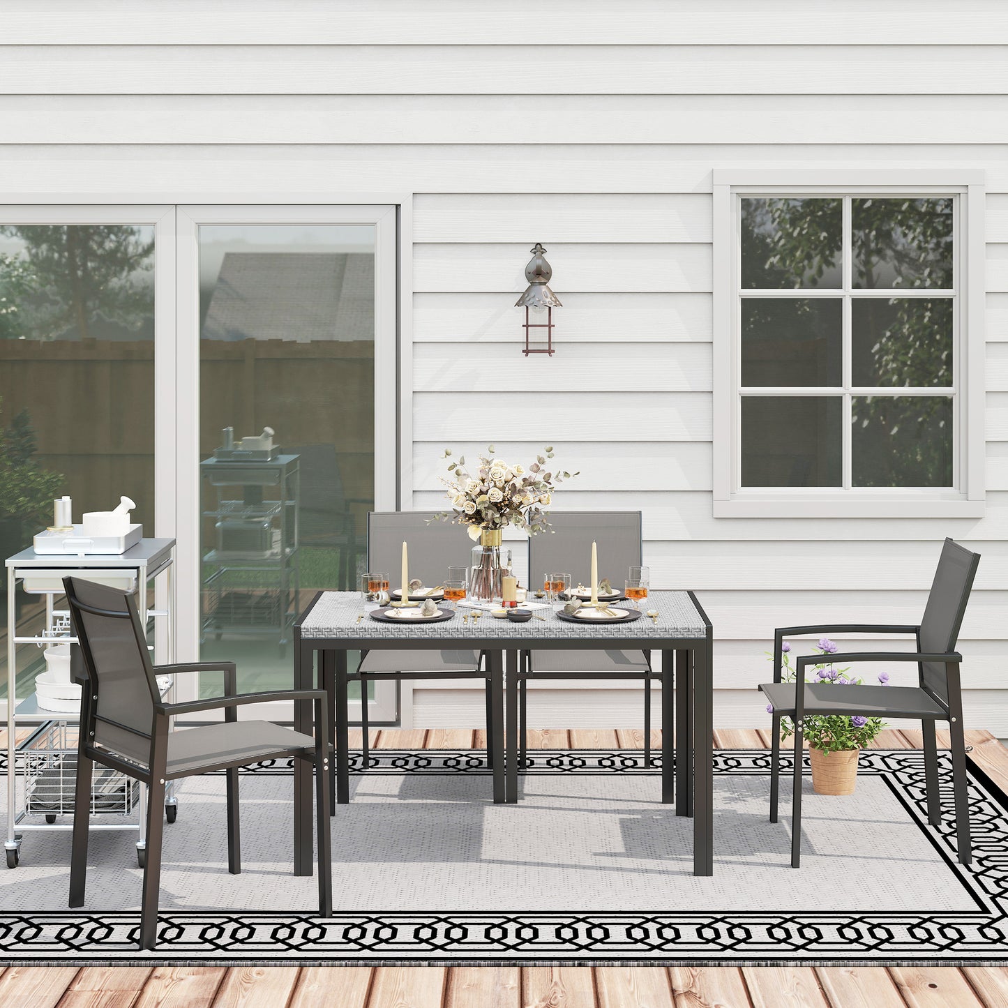 Outsunny Rectangular Outdoor Dining Table, 4-Seat Patio Table with PE Rattan Wicker Tabletop for Backyard and Lawn, Grey