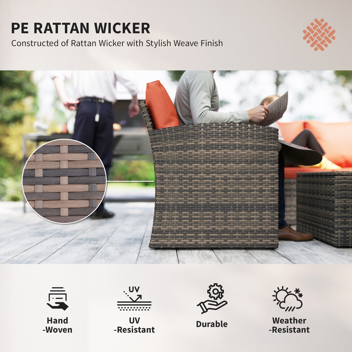 Outsunny 6 Pieces Wicker Patio Furniture Set with Cushions, 7-Seater Rattan Patio Sofa Set with Storage Table, Navy Blue