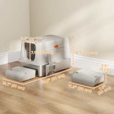 PawHut XL Stainless Steel Cat Litter Box, Kitty Litter Box with Flip Cover, Pedal, Deodorizer, for Big Cats