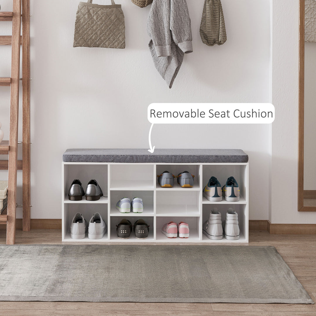 HOMCOM Shoe Bench with Storage, Upholstered Entryway Bench with Adjustable Shelves, Cushion for Living Room, Hallway, White