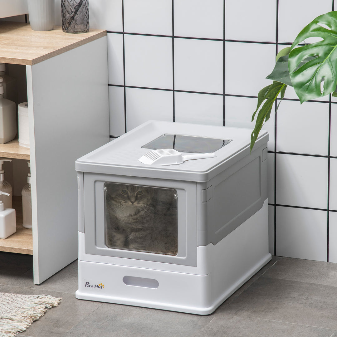 PawHut Top Entry Enclosed Kitty Litter Box with Scoop, Tray, Front Entry, Large Space, Foldable, Portable, Grey