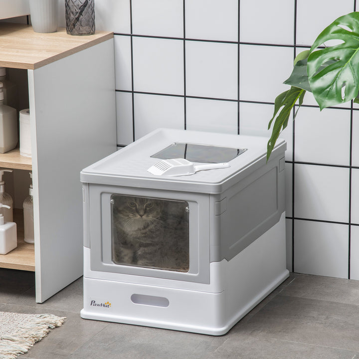 PawHut Top Entry Enclosed Kitty Litter Box with Scoop, Tray, Front Entry, Large Space, Foldable, Portable, Grey