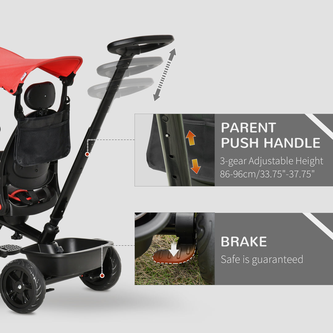 Qaba Kids Tricycle 4 In 1 Trike with Reversible Angle Adjustable Seat Removable Handle Canopy Handrail Belt Storage Footrest Brake Clutch for 1-5 Years Old Black