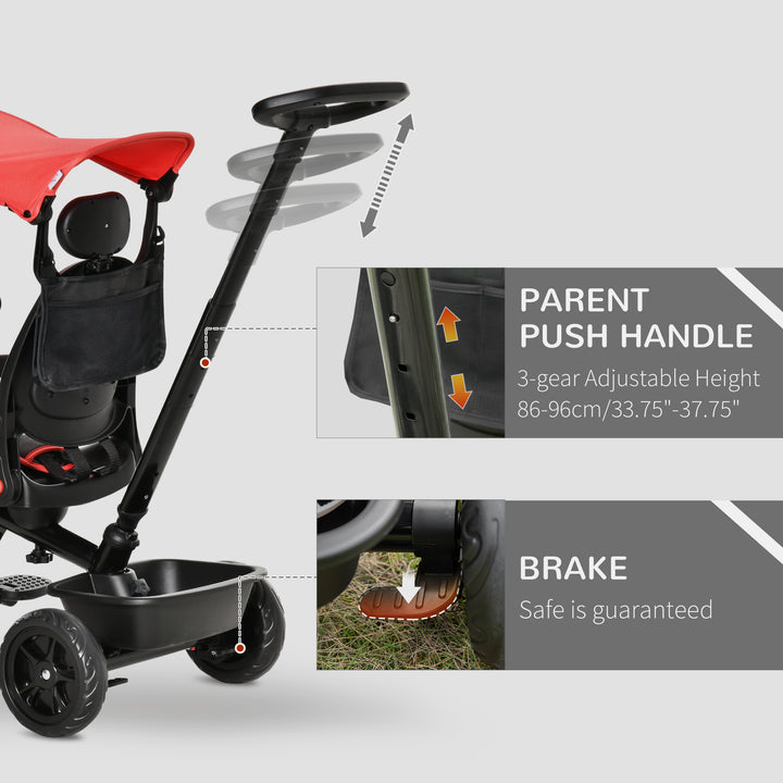 Qaba Kids Tricycle 4 In 1 Trike with Reversible Angle Adjustable Seat Removable Handle Canopy Handrail Belt Storage Footrest Brake Clutch for 1-5 Years Old Black