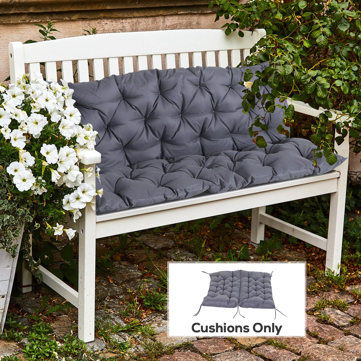 Outsunny 2 Seater Garden Bench Cushion, Thick Outdoor Non-Slip 2 Seater Soft Pad With Backrest for Garden Patio, 52" x 43" x 4", Dark Grey