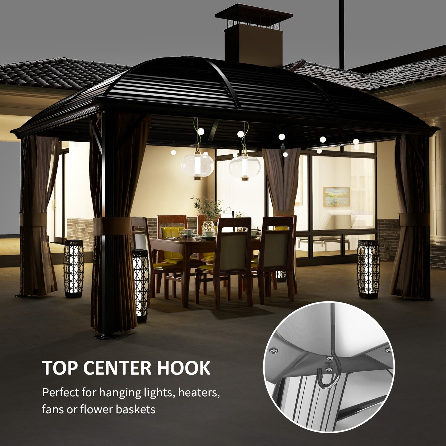 Outsunny 10' x 13' Hardtop Gazebo Aluminum Outdoor Canopy with Mesh Nettings, Curtains, Brown