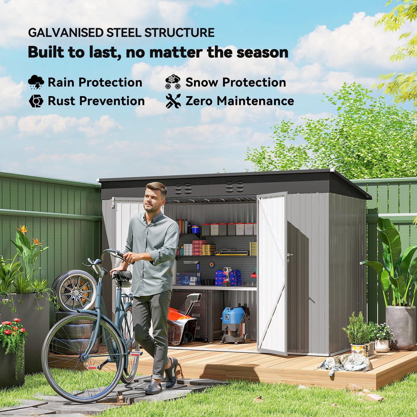 Outsunny 9' x 4' Galvanized Steel Garden Storage Shed with Lockable Doors, Gloves and 2 Air Vents for Backyard, Patio, Lawn