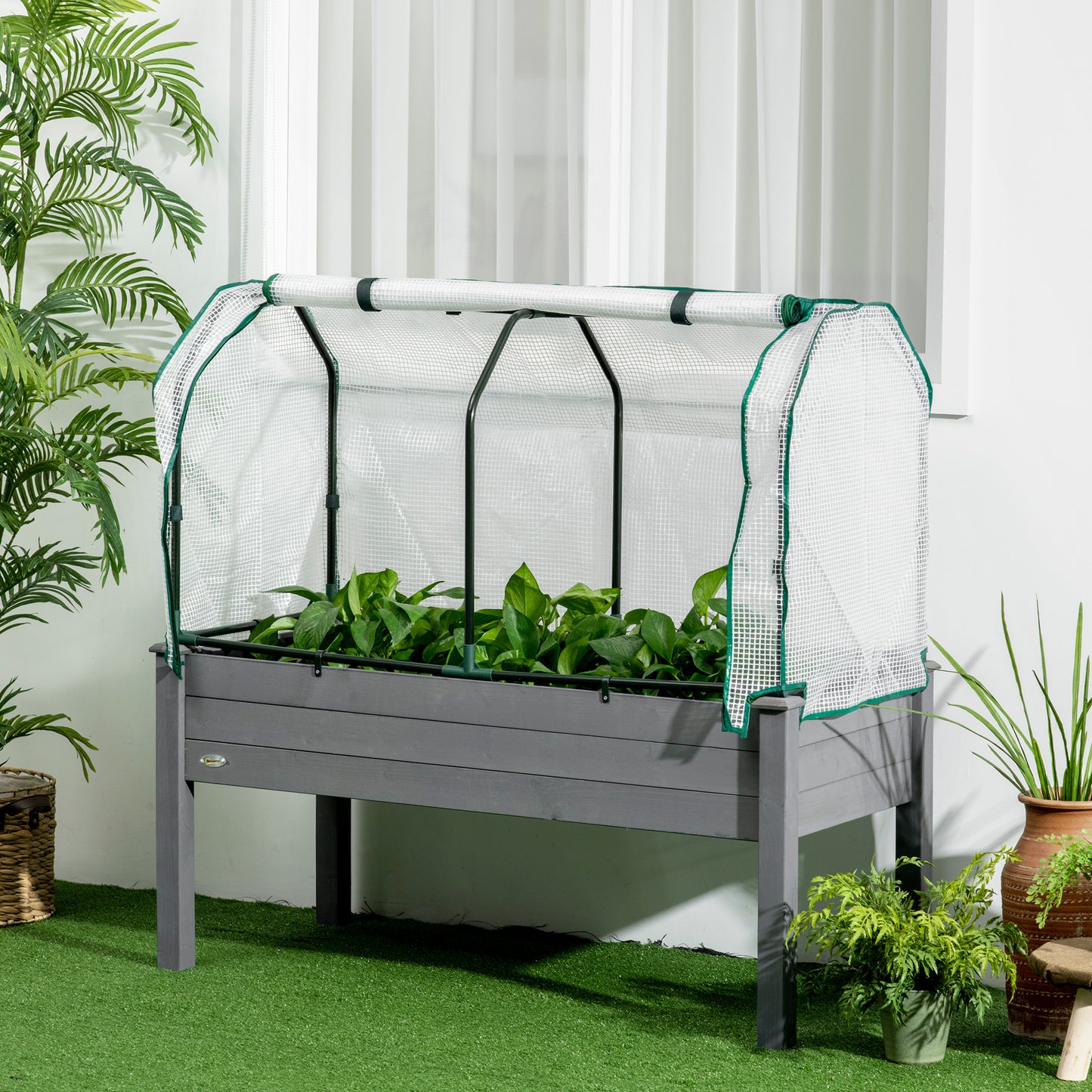 Outsunny Raised Garden Bed with PE Greenhouse Cover Outdoor Elevated Wood Planter Box for Herbs and Vegetables, Use for Patio, Backyard, Balcony, 48 x 22 x 46 inch, Natural