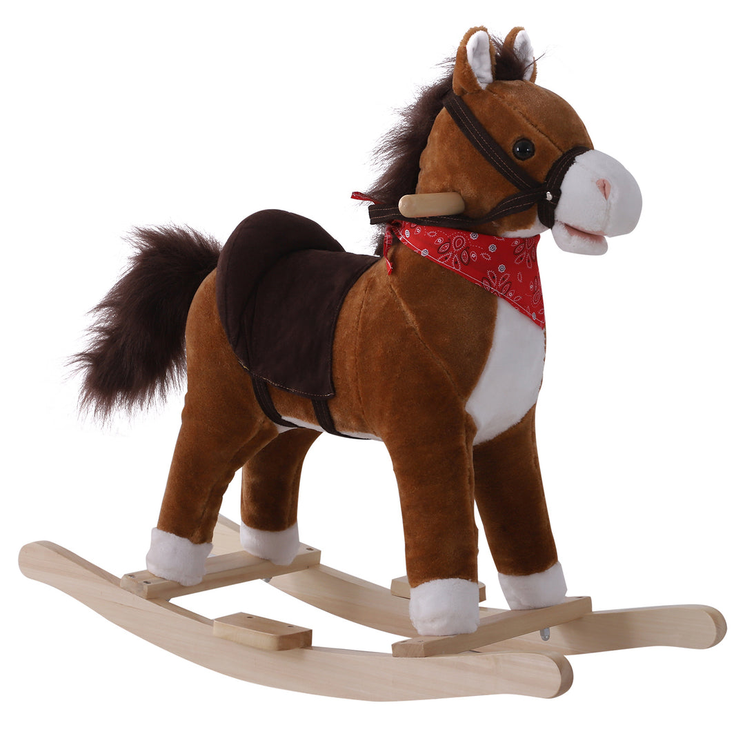 Qaba Kids Plush Ride On Rocking Horse Child Animal Adventure Rocker Chair Playtime Toy with Sound Scarf Included Red Brown